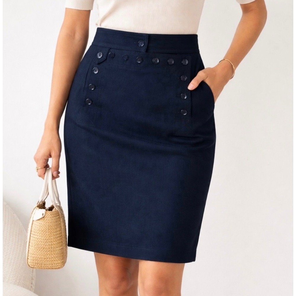 Lauren Ralph Lauren Sailor Pencil Midi Skirt 6 Navy Wool Blend Nautical Button